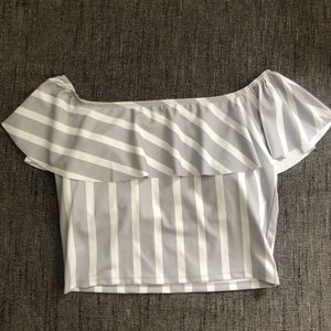 Kortni Jeane grey white stripe ruffled around top